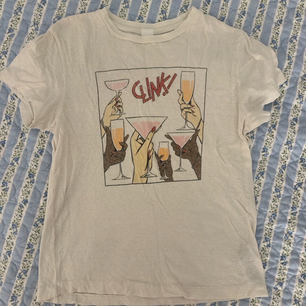 Re/Done White Graphic Tee with Cheers Design